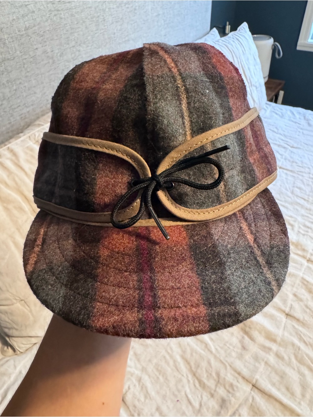Plaid Wool Blend Bucket Hat with Contrast Trim - Brown Multi